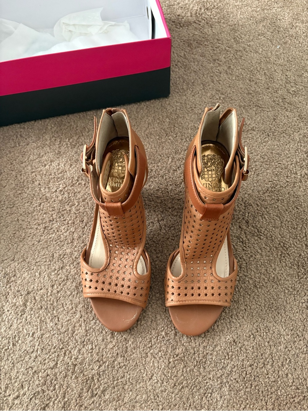 Vince Camuto Cognac Perforated Leather Cutout Ankle-Heel Sandals